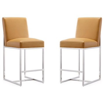 Element 24" Faux Leather Counter Stool, Camel and Polished Chrome, Set of 2