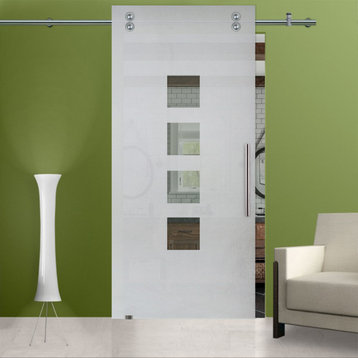 Glass Sliding Barn Door with various Semi Private Frosted Designs, 28"x81" Inches, T-Handle Bars