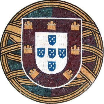 Portuguese Flag Medallion Marble Mosaic Art, 35"x35"