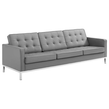 Loft Tufted Upholstered Faux Leather Sofa, Silver Gray