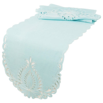 Wilshire Embroidered Cutwork Table Runner, Blue, 16"x 54"
