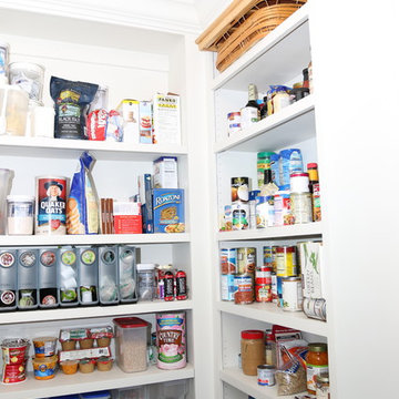 Floor to Ceiling Walk-in Pantry with Custom White Open Shelving