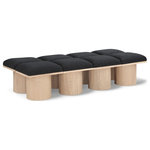 Meridian Furniture - Pavilion Black Boucle Fabric Bench, Black, Natural Finish, 72" W X 31" D X 17.5" H - Bring valuable seating and remarkable style to your space with this black Pavilion boucle fabric bench, an exquisite balance of style and usability for the entryway, bedroom, and beyond. Crafted from oak veneer with a natural finish, this bench has a 4-inch-thick seat cushion that's channel-tufted for a touch of luxury. The bench's columnar bases add a dash of art deco design, making it a captivating focal point in any room.