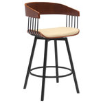 Armen Living - Athena 27" Swivel Walnut Wood Counter Stool Cream Faux Leather With Black Metal, 27 - Bring sophisticated style and comfort to your home with our Athena Upholstered Swivel Bar or Counter Stool. With bentwood construction, our bar stool features a stunningly streamlined and striking barrel back. Its sleek and eye-catching curves are complemented by an airy metallic frame and splayed legs for a stunning visual impact. An enveloping silhouette and padded seat promise a comfortable sit in a kitchen or lounge. Our barstool is available in both faux leather and high-performance fabric to best suit the daily wear and tear of your home. Expertly crafted from metal and engineered wood, the counter stool shows off a mixed material elegance to work well anywhere from your kitchen to a home office. It can complement a kitchen island, pub table, home bar, or adjustable desk, bringing a dose of style and comfort. Our modern bar stool comes with a wonderful 360-degree swivel with a smooth gliding system, allowing you to join conversations around the counter or work with ease and efficiency. The Athena swivel bar or counter stool easily incorporates into any home and is available in your choice of 27-inch or 31-inch seat height in a walnut wood finish with black, cream, and gray faux leather upholstery or a black wood finish with your choice of light gray or blue fabric or gray faux leather upholstery.