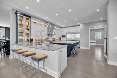 Large minimalist l-shaped medium tone wood floor and gray floor kitchen pantry photo in DC Metro with an undermount sink, shaker cabinets, white cabinets, quartz countertops, gray backsplash, quartz backsplash, stainless steel appliances, an island and gray countertops