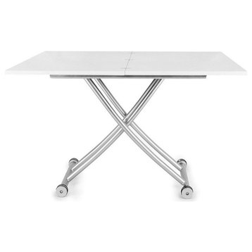 Unique Dining Table, Rectangular Top With Adjustable Height, High Gloss White