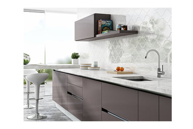 Example of a trendy porcelain tile and brown floor kitchen design in Miami with white backsplash, porcelain backsplash, quartz countertops, an undermount sink, flat-panel cabinets, brown cabinets and a peninsula