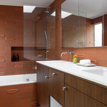 Dual Sink Bathroom Vanity with Walnut Flat Panel Cabinets