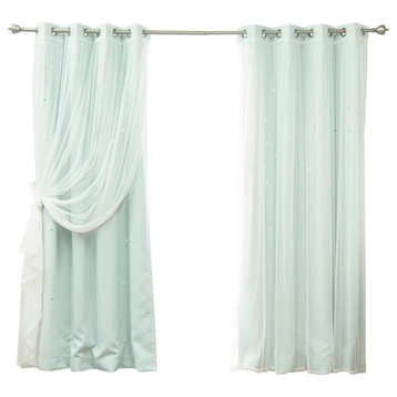 Tulle and Star Cut Out Blackout Mix and Match Curtains, Mint, 84"