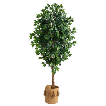 6' Ficus Faux Tree With Natural Trunk, Handmade Natural Jute Planter W/ Tassels