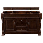 James Martin Vanities - Brookfield 60" Burnished Mahogany Single Vanity - The Brookfield 60", single sink, Burnished Mahogany vanity by James Martin Vanities features hand carved accenting filigrees and raised panel doors. Two doors, on either side, open to shelves for storage below and three center drawers, made up of a lower double-height drawer and both middle and top short-length standard drawers, offer additional storage space. The look is completed with Antique Brass finish door and drawer pulls. Matching decorative wood backsplash is included.
