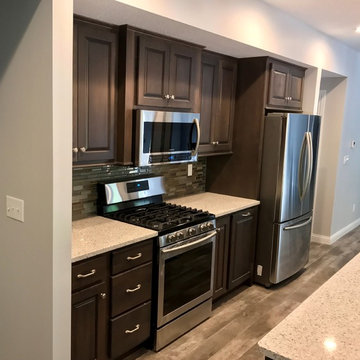 Basement Kitchen Koch Beech Stone MSI Quartz Peppercorn White
