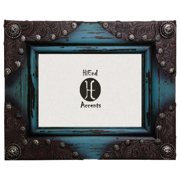 Painted Distressed Wood With Leather Corners Picture Frame