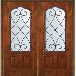 Prehung Double Door 80 Wood Alder Charleston Arch Lite Wrought Iron - Front Doors