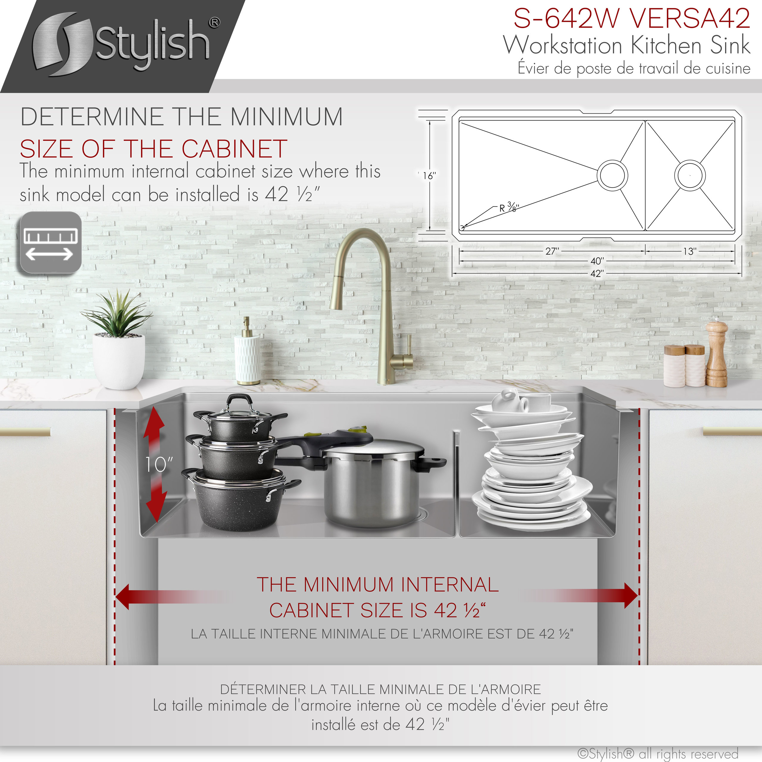STYLISH 42"x19 W" Undermount 70/30 Double Bowl 16G Workstation Kitchen Sink