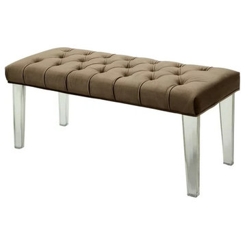 Comfortable Upholstered Bench, Clear Acrylic Legs & Button Tufted Brown Seat