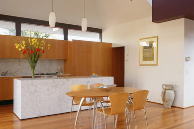 Inspiration for a modern laminate floor and orange floor dining room remodel in Austin with white walls
