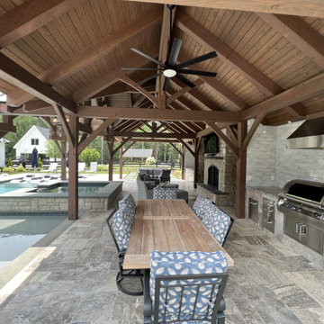 King post truss design in the timber frame pool pavilion