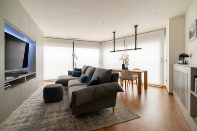 Modelo de salón minimalista pequeño con suelo de madera en tonos medios y televisor colgado en la pared