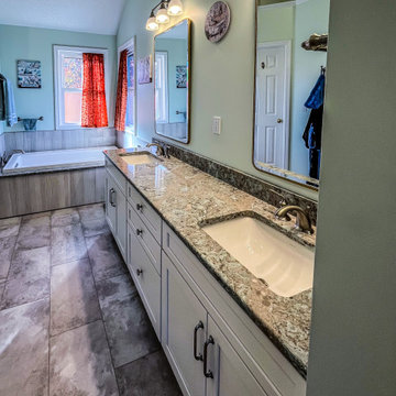 Primary Bathroom with Custom Corian and Tiled Shower, Tiled Tub Surround