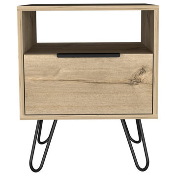 Vienna Contemporary Bedroom Nightstand with Cabinet and Hairpin Legs, Light Oak