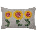 Pillow Perfect - Sunflower Delight Embroidered Decorative Pillow Berry/Yellow/Green - Replicating the vibrant flower head and thick stem of a sunflower, this accent pillow gives a bold greeting to autumn's colorful foliage.  Embroidered in shades of berry, yellow, and green, the set of striking sunflowers burst off the crosshatch woven fabric adding slubby texture and a rustic feel. Additional features of this lumbar pillow include a coordinating welt cord, zippered closure and pillow insert filled with recycled polyester fiber-fill.