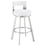 Armen Living - Lynof Swivel Bar Stool With Faux Leather, White, Brushed Stainless Steel - Modernize your home with the Lynof swivel bar or counter stool from Armen Living. The Lynof is available with a metal 4-leg base and features durable faux leather upholstery. Faux leather does not crack easily and is stain resistant, does not fade easily and is also UV resistant. Counter or bar height stools that feature a swivel mechanism tend to be much more convenient for everyday use or when entertaining. The wonderful full 360-degree swivel function allows for maximum mobility. The smooth glide swivel function allows you to change directions with ease, making this your new favorite seat in your home. This modern bar stool has an open back that creates a breathable seat, allowing you to sit comfortably for extended periods. Featuring a chic and streamlined profile, the modern counter stool features a subtly curved back. Complemented with a roomy round cushioned seat, our thoughtfully designed counter stool supports you in just the right places. The Lynof is available in a black finish with light grey faux leather, a brushed stainless-steel finish with black, white, or light grey faux leather, a brown finish with chocolate faux leather, or a silver with grey faux leather upholstery. This modern bar stool comes in your choice of 26-inch or 30-inch seat height options.