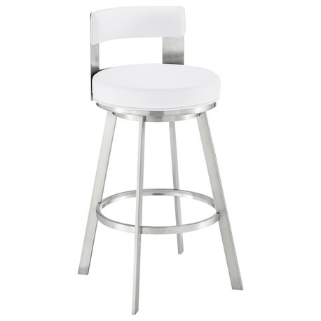 Lynof Swivel Bar Stool, Brushed Stainless Steel With White Faux Leather