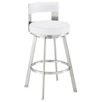 Lynof Swivel Bar Stool, Brushed Stainless Steel With White Faux Leather