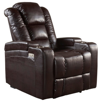 GDF Studio Everette  Brown Leather Power Recliner With Arm Storage and USB Cord
