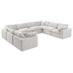 Meridian Furniture - Comfy Upholstered U-Shaped Modular Sectional, Cream, 8-Piece: 4 Armless Chair, 4 Corner Chair, Velvet - Give your space a whole new look with this cream Comfy velvet sectional. This handsome sectional fits nicely with other items in the Comfy collection and is a versatile seating option designed for adaptability, comfort and style. Wrapped in rich cream durable velvet upholstery, this sectional offers a plush embrace of overstuffed down feather cushions, carefully crafted to deliver the highest level of comfort. The perfect seat for creating an oasis for relaxation, this sectional has thick foam surrounding its frame for added support and coziness.