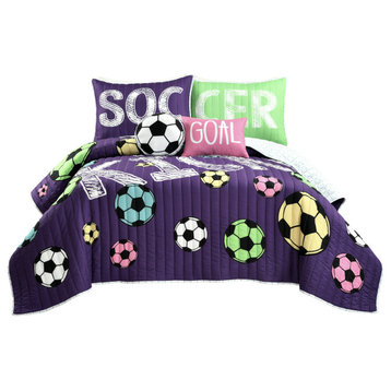 Girls Soccer Kick Quilt Set, Purple, Full/Queen, 5 Piece