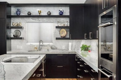 Large trendy l-shaped medium tone wood floor and brown floor eat-in kitchen photo in Salt Lake City with an undermount sink, flat-panel cabinets, brown cabinets, quartzite countertops, white backsplash, stone slab backsplash, paneled appliances and an island