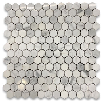1" Hexagon Statuary Statuario White Italian Marble Mosaic Tile Polish, 1 sheet