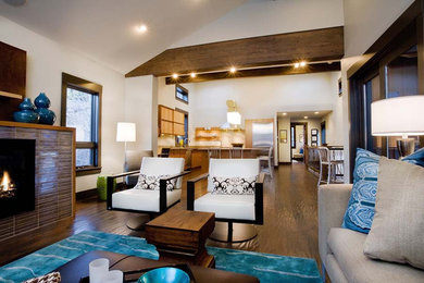 Inspiration for a mid-sized transitional open concept medium tone wood floor living room remodel in Salt Lake City with gray walls, a ribbon fireplace, a tile fireplace and a media wall