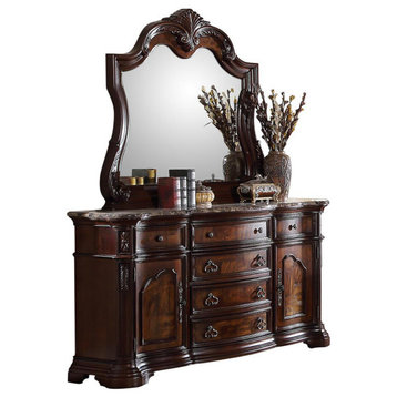 Barney Traditional Walnut Dresser and Mirror With Marble