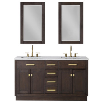 Chestnut 60" Bath Vanity, Brown Oak, Vanity With Mirror(s) and Faucet(s) With Satin Gold Finsih Hardware