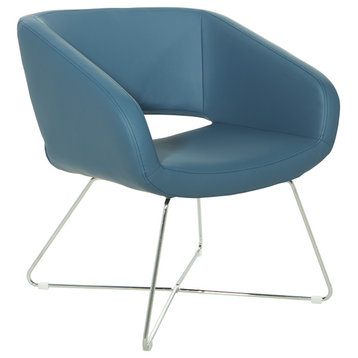 Lounge Chair, Blue Faux Leather With Chrome Base