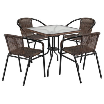 Glass Metal Table With Rattan Edging and 4 Stack Chairs, Dark Brown, 28" Square