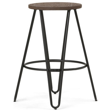 Simeon 24 Inch Metal Counter Height Stool With Wood Seat In Cocoa Brown / Black