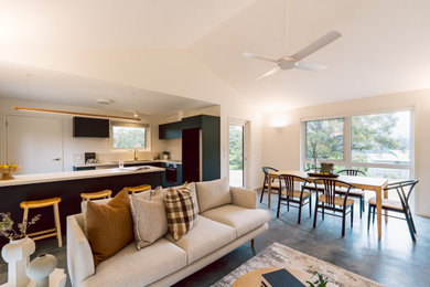 Photo of a modern open concept living room in Hobart with concrete floors and vaulted.