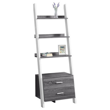 Ladder Bookcase, Metal Frame With Open Shelves & Storage Drawers, White/Gray
