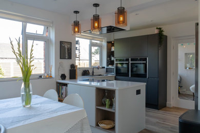 Small modern kitchen/diner in Other with an integrated sink, flat-panel cabinets, black cabinets, quartz worktops, stainless steel appliances, light hardwood flooring and white worktops.