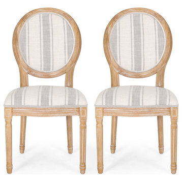Set of 2 Dining Chair, Natural Rubberwood Frame & Padded Seat, Gray Stripes