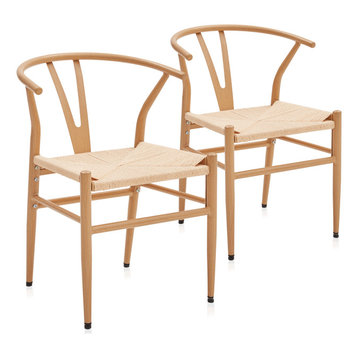 Set of 2 Weave Dining Chair, Mid-Century Metal Y-Shaped Backrest Accent Chair