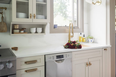 Enclosed kitchen - small craftsman galley ceramic tile and multicolored floor enclosed kitchen idea in Minneapolis with an undermount sink, shaker cabinets, beige cabinets, quartz countertops, white backsplash, quartz backsplash, stainless steel appliances, no island and white countertops