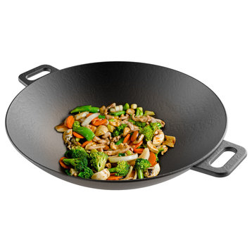 14" Cast Iron Wok Pre-Seasoned, Flat-Bottom Stir Fry Pan With Handles