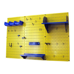 Yellow Pegboard with Blue Peg-Board Accessories by Wall Control Storage Systems - Garage And Tool Storage