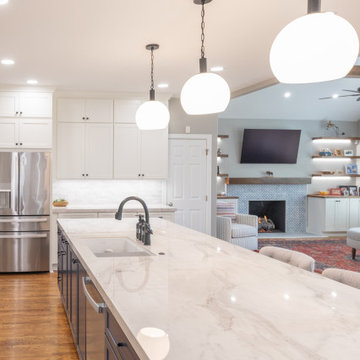 Porcelain Island Kitchen Remodel with Custom Built-Ins + Fireplace Feature