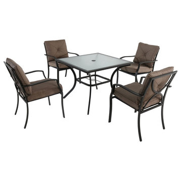 Outdoor Dining Set, Metal Frame With Cushioned Chairs and Glass Table, 5 Pieces